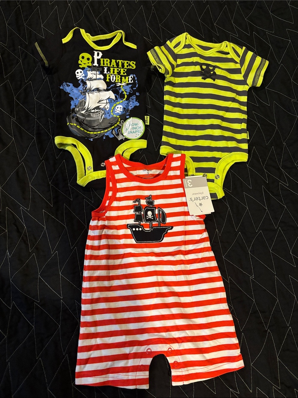 NWT 3 Carter's pirate Red & white romper, Disney gray green & black one piece 3m